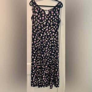 Vintage 90s Robbie Bee Black Floral Button Front Sleeveless Midi Dress Size 14